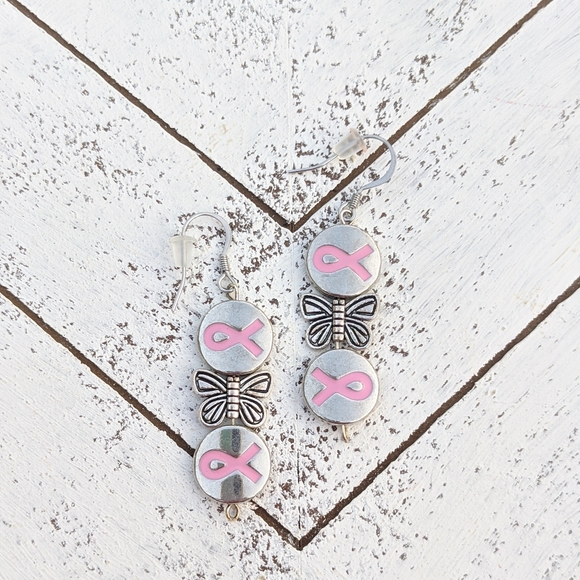 NEW Handmade Earrings with Pink Ribbon and Butterf - Picture 1 of 2